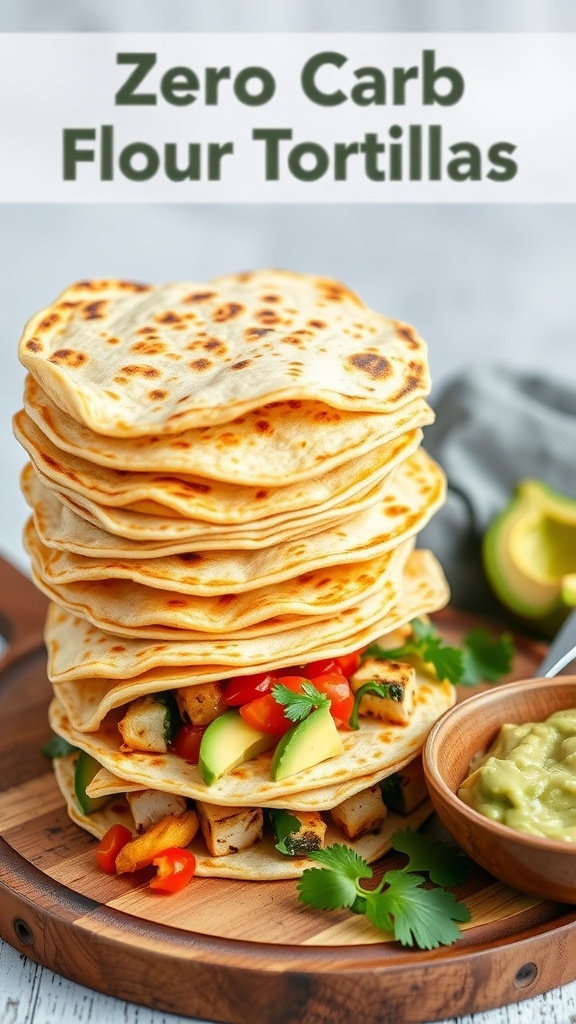 A stack of golden zero carb flour tortillas filled with grilled chicken and avocado on a wooden board.